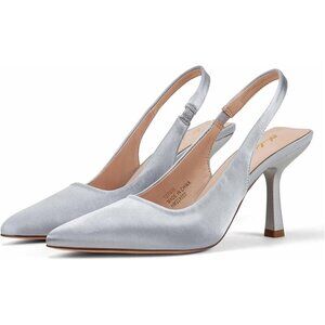 Women Silver Satin Pointed Closed Toe Slingback Mid Heels Stiletto Trendy Pumps
